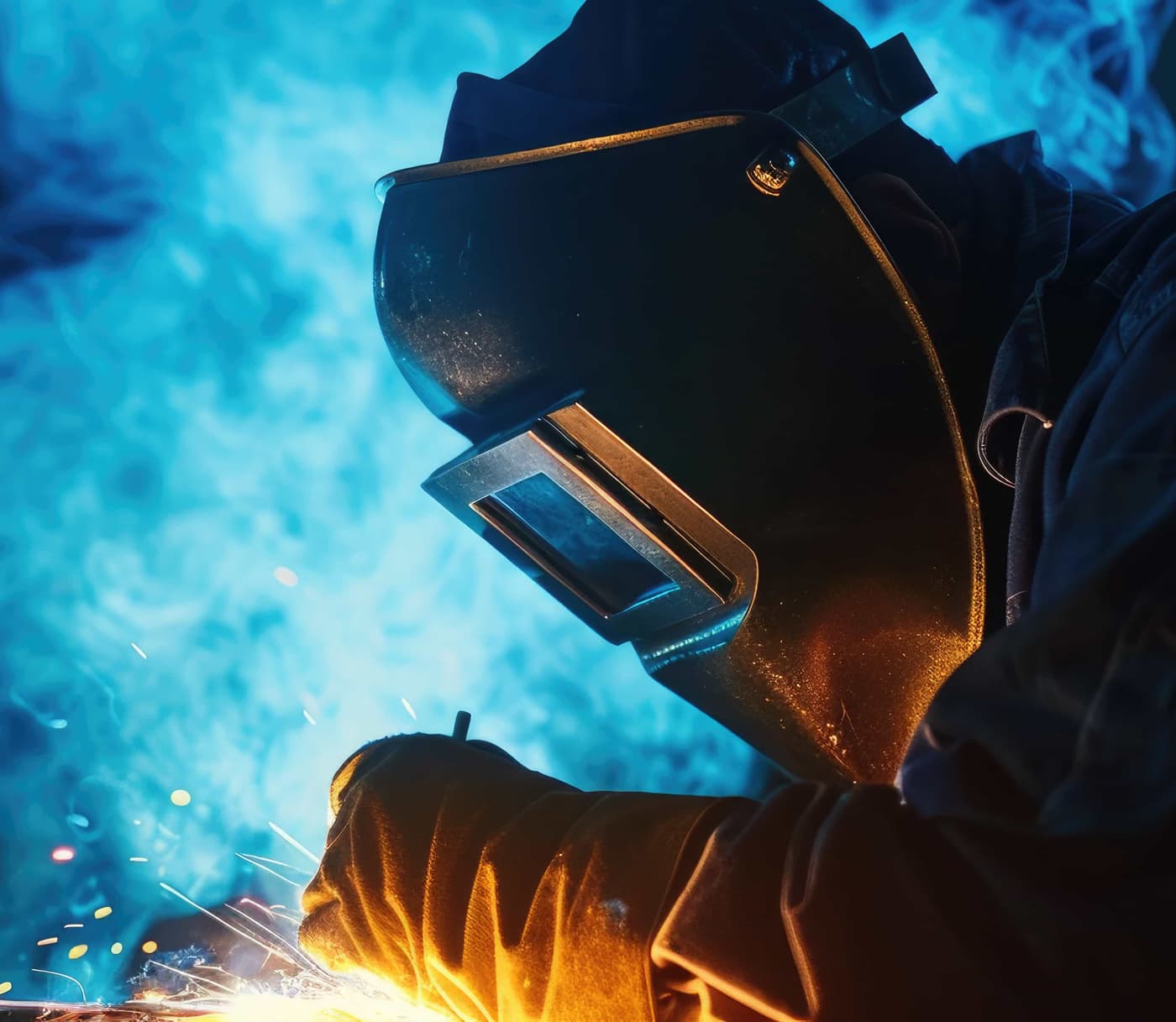 Welder in a protective mask welding steel, sparks flying